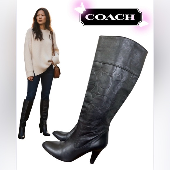 COACH Millie Monogram Leather Knee High Heel Boots EUC
